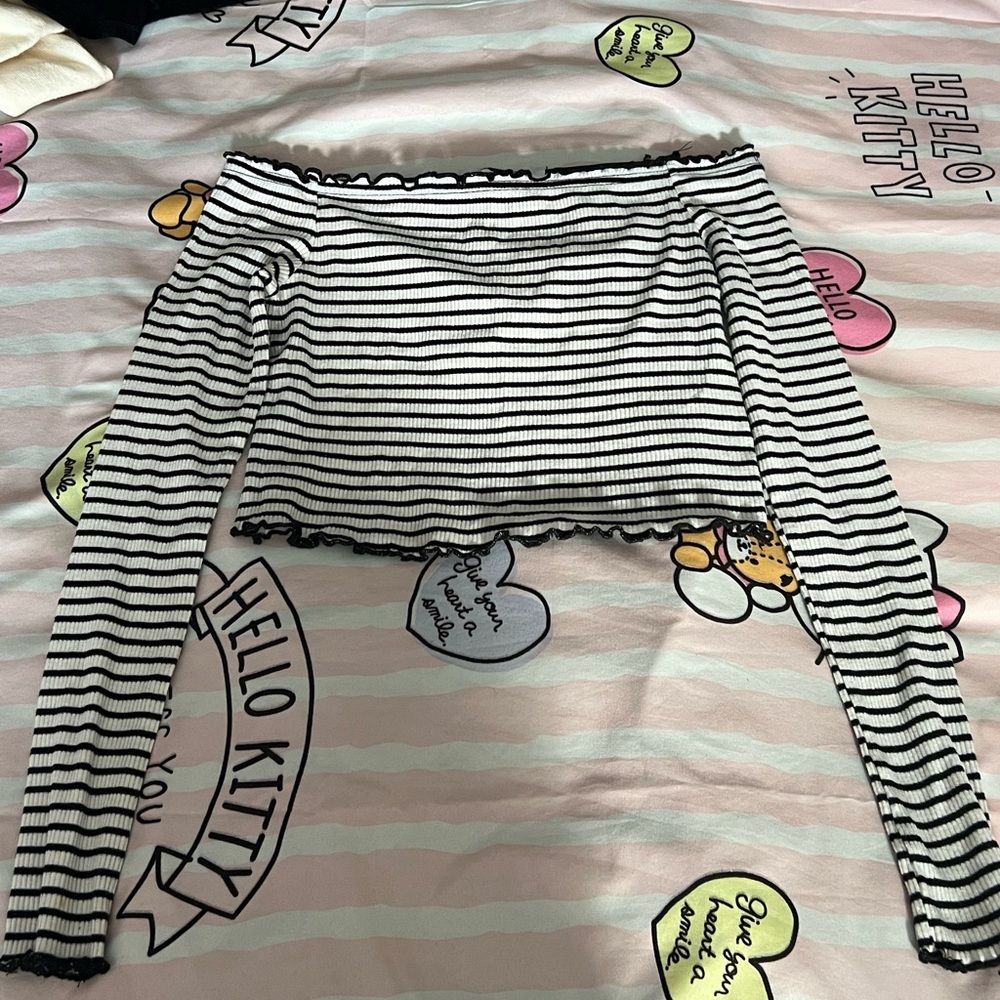 Striped off shoulder frill trim long sleeve top